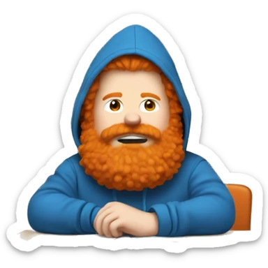 Fat ginger in a blue hoodie with a big orange bushy beard slammin a desk sticker
