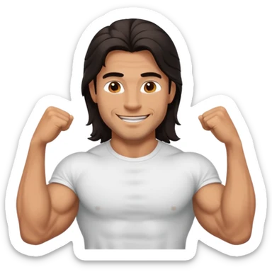 muscled happy guy, long dark hair, t-shirt sticker