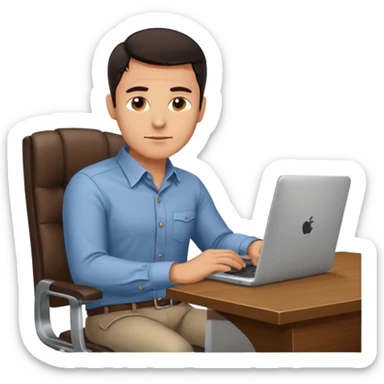 Rich man working on a chair at office in shirt, dark hair, and near the desk with laptop he is german very beautiful looks like, full body view sticker