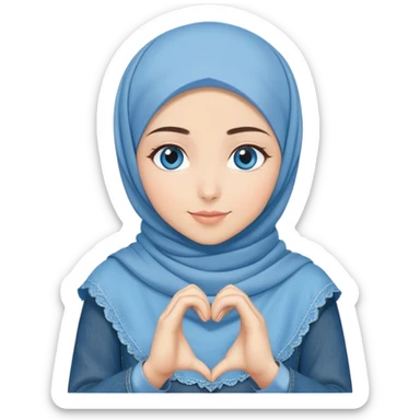 Turkish beautiful finish Konya girl blue eyes with denim hijab islamic dress and making heart with hands and with thank you text sticker