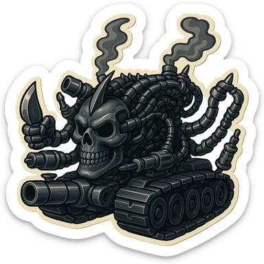 Combine the best features of all three references into a skull robot tank with 4 distinct arms, each hand holding a different weapon: industrial blade, blaster, syringe, and claw. Incorporate the wild, detailed mechanical complexity and low, forward skull face from the first image, the shiny silver-grey metal and compact proportions from the second, and the dark, almost black inner cables and menacing vibe from the third. Render in retro stickers style with a clean outline and transparent background. sticker