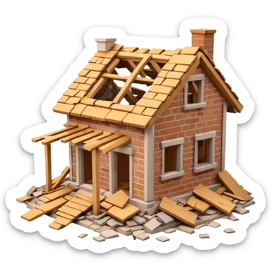 3D iPhone style emoji of a completely destroyed house, heavily damaged, collapsed into rubble, broken walls and roof scattered into debris, isolated on white background, soft shadows, high detail, playful and cute. sticker