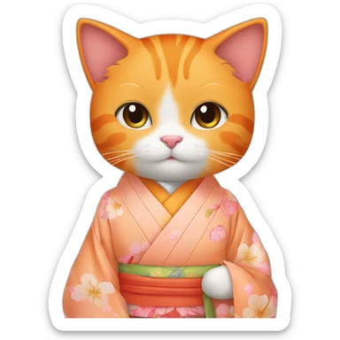 Beautiful orange cat wearing kimono and holding peach sticker