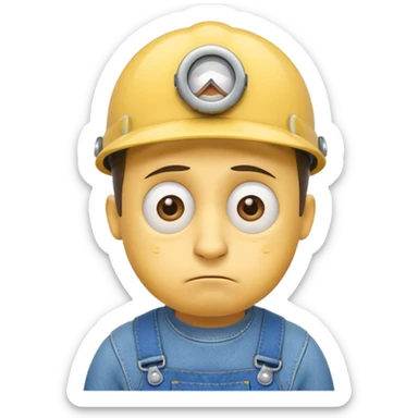 close up of a sad Minion face, cartoon emoji style, expressive eyes, yellow skin, blue overalls, single tear, simple background sticker