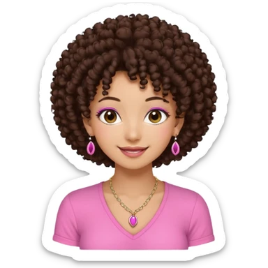 Naturally tan skin girl short darkBrown curly afropink shirt long lashes earrings necklace Brown eyes gyaru smiling closed mouth cute sticker