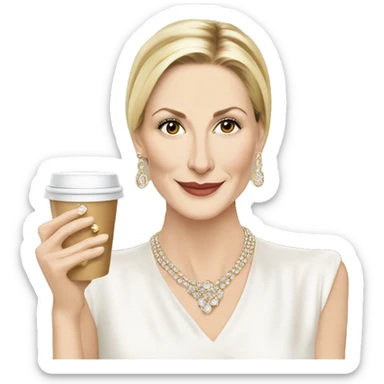 Kelly Rutherford with jewellery wearing white drinking cappucino sticker