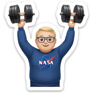 happy chubby man, lifts weights over the head,  blond short and hight receding hairline, wearing a dark blue sweatshirt, nasa logo on the sweatshirt, round glasses without frame, 40 years old sticker