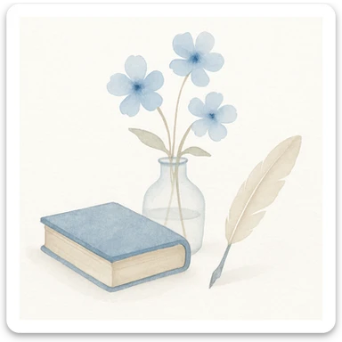 creative scene with an antique blue book, soft blue flowers in a glass vase, and a writing quill, arranged as an elegant still life sticker