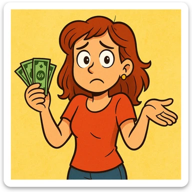 cartoon female character shrugging with both hands up, dollar bills in one hand, looking lost or helpless sticker