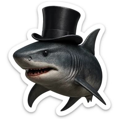 Make this blue shark with a tall top hat look more realistic with detailed textures, natural shark colors, and realistic lighting. Keep the top hat and remove the background. sticker