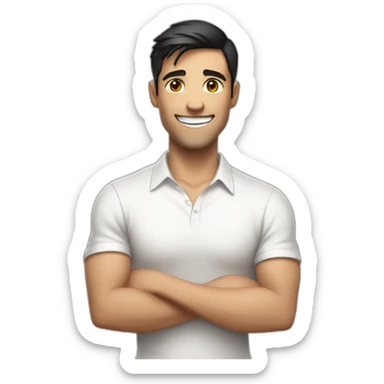 Men with white shirt, crossed arms, short dark hair, with a huge smile sticker
