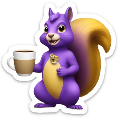 purple squirrel in a yellow dress with a mug of coffee in its paws sticker
