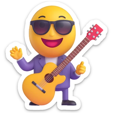 3D smiley emoji, round shape, musician: with guitar, sunglasses, funny face sticker