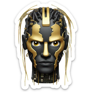 black metal male cyborg head with circuitry and wispy yellow gold hair sticker