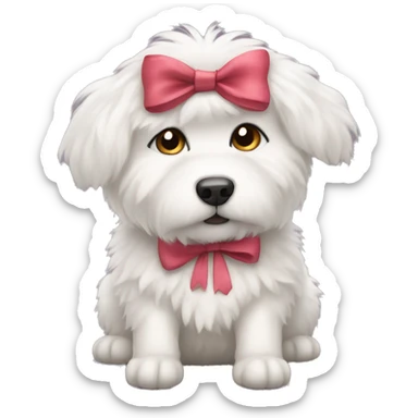 Fluffy white dog with a bow sticker