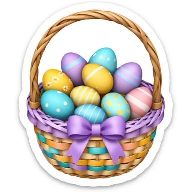 emojis.com 3d-emoji-of-a-colorful-easter-basket-filled-with-decorated-eggs,-pastel-ribbons,-and-a-woven-texture-in-glossy-emoji-style. sticker