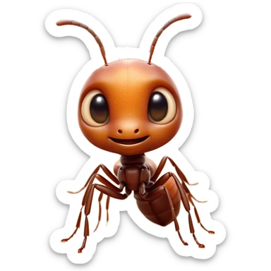 Cinematic Cute Ant Portrait Emoji, Head tilted playfully and inquisitively, featuring a minuscule, charming body with a delicately textured exoskeleton and round, sparkling eyes brimming with curious mischief, Simplified yet irresistibly adorable features, highly detailed, glowing with a warm, inviting earthy glow, high shine, affectionate and lively, stylized with a touch of whimsical industrious charm, soft glowing outline, capturing the essence of a mischievous ant that seems as if it could scurry out of the screen into your arms! sticker
