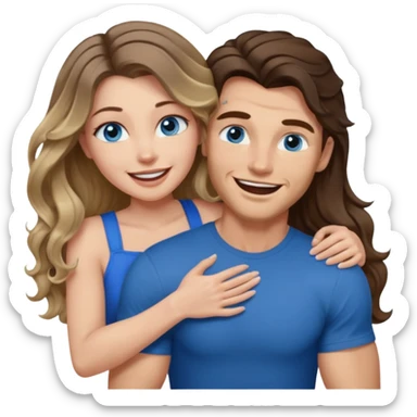 Women with blue eyes and very long, brown blond balayage curled hair in the arms of a man with strong arms a straight face, a very sexy man blue eyes. They are laughing at each other. He has dark brown hair: A fade haircut down to skin and is light skinned  sticker