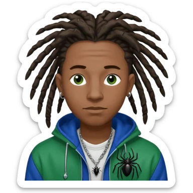 create a black male with locs and silver ear piercings and a left nose piercing and a spider necklace that’s black along with a varsity jacket that’s blue and green sticker