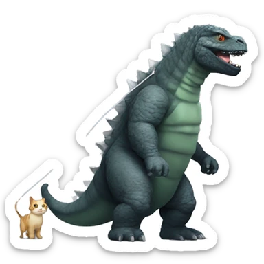 Godzilla walking his pet cat on a leash sticker