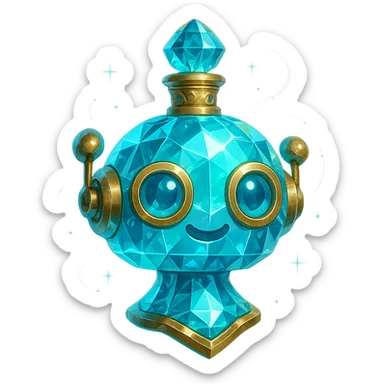 luxurious crystal elixir bottle shaped like a cute robot head, cyan color, lots of glowing, facets, ornaments, golden details, magical effects, very small golden neck, transparent background, beautiful merging base, clearly floating in air, no ground or shadow, premium class, friendly, playful, fits in a collection sticker