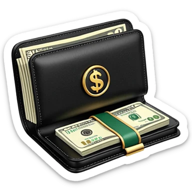 Rich emoji style black leather wallet with dollar bills, luxury money vibe, premium 3D emoji, ultra clean, high detail, no background sticker
