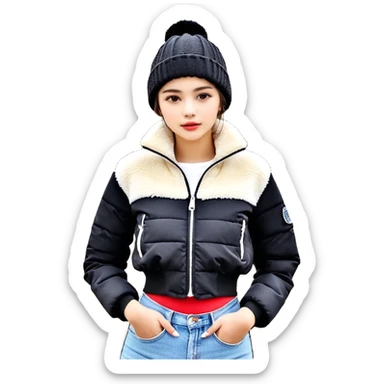 Siyah uzun saçlı siyah ceket  polar ceket ceket gevşek biraz omzundan çıkıyormuş gibi ve bugday ten rengi soltaraftaki omzundan çıkık sadece içinde de siyah crop var crop açık esmer esmer sticker