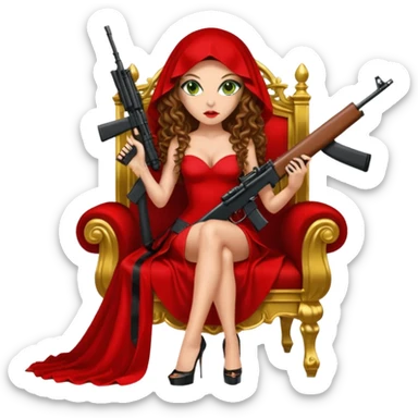 Drug dealer female green eyes symbol.  hair is brown curly long hair. sexy long with long red and black dress and mouth veil cover on that covers her mouth only. black stiletto platform high heels shoes on. Holding sniper rifle sitting on a gold throne. sticker