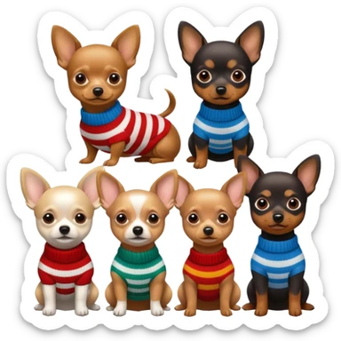 Cagnolini piccoli chiuaua, bassotto e Yorkshire seduti con vestitini di maglia di diverso colore sticker