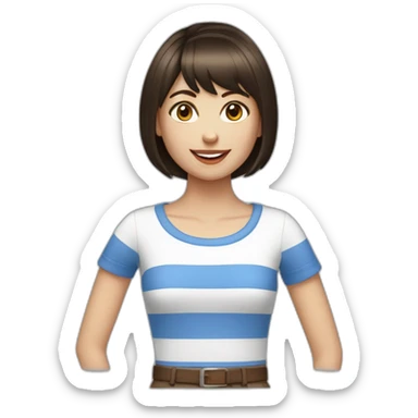 caucasian woman with dark brown hair a bob haircut, bangs, braces on teeth, blue and white striped t shirt sticker