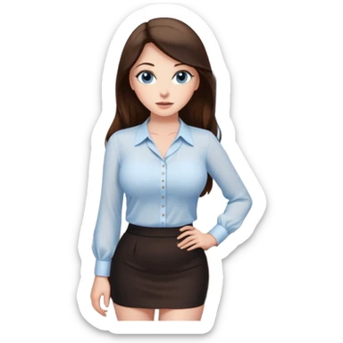 sexy woman brunette, very large breasts, pale skin, blue eyes, long brown hair, white blouse, short black skirt. office.  sticker