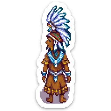 tribal colonist from RimWorld, pixel art style, wearing a feathered headdress sticker