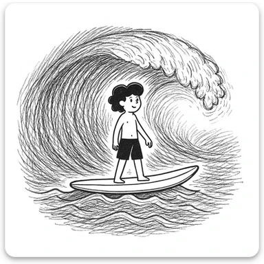 Add a hand-drawn ocean wave background behind the surfboard, matching the doodle style. The style should resemble hand-drawn, sketchy, and informal doodle illustrations with visible strokes and a casual feel. sticker