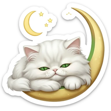 White Persian cat with green eyes sleeping on crescent moon  sticker