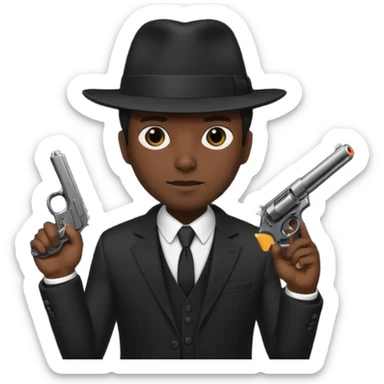 Underboss, black suit, fedora, gun sticker