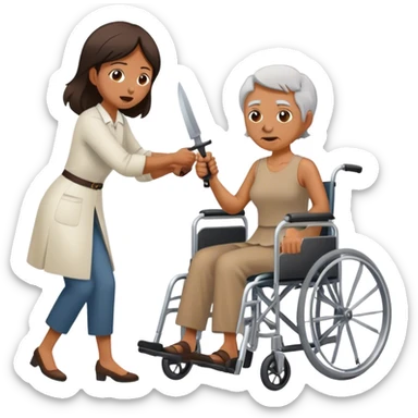 Woman with a knife in one hand, pushing with the other a wheelchair with an old man sticker