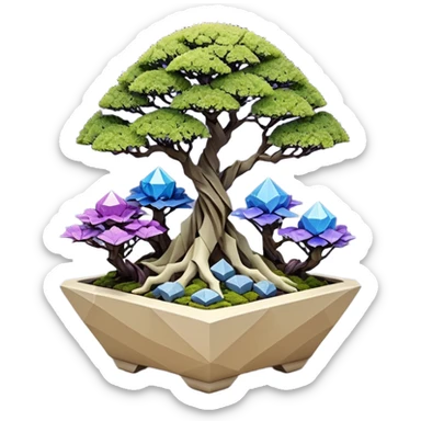 Futuristic wild glowing et alien moss maples Bonsai hair-fine-leaf group multi faceted crystal boxwood purple and cream rose blue informal rocky cliffhanger eight trees forest planting in shallow origami slab style pot with big anthropomorphic feet  sticker