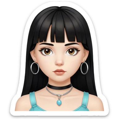 white skinned young girl. long hairstyle with black bangs. thin light coloured eyebrows. full glossy lips. dark brown eyes. wear a crop top tied at the neck and silver hoop earrings  sticker