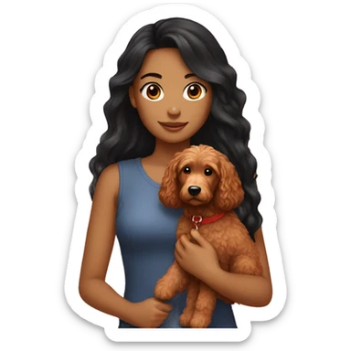 Girl with long black staright hair holding red goldendoodle sticker