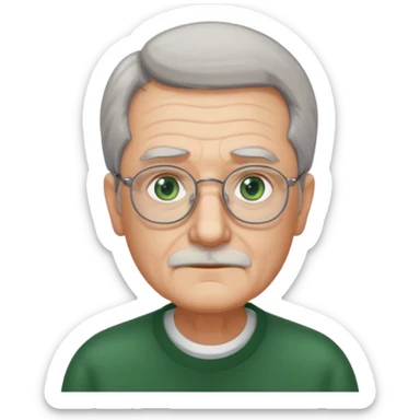 Old man with receding hair, grey hair only on the sides, green eyes, rectangular reading glasses, rounded face sticker