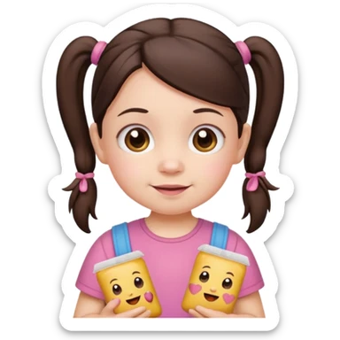 Cute small Toddler emoji with two pigtails dark brown hair, fair skin, in pink top, holding toddler snacks sticker