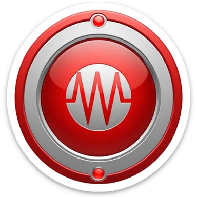 Minimalist medical technology logo. White background. A clean circular shield shape in light gray. Inside the shield — a sharp red signal line forming abstract letters “AI”, resembling a medical alert waveform but not a classic ECG.  sticker