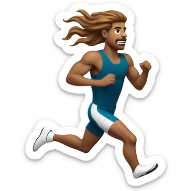 white male athlete running with a flowing, brown mullet sticker