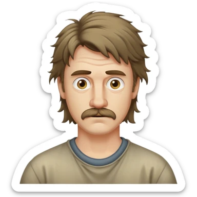 ugly white man. Eyes different sizes. unkept short mustache and short hair. long hair in back. dirtbag mullet. messy sticker
