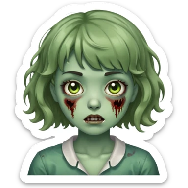 zombie girl with short wavy hair and bangs, greenish skin sticker