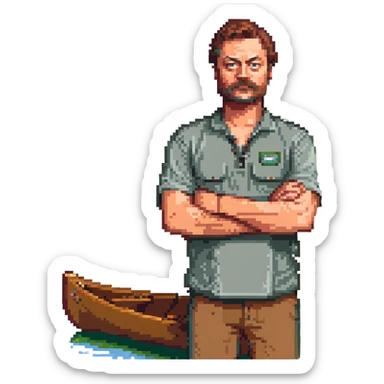 Nick Offerman being awesome, arms crossed, standing by a canoe sticker