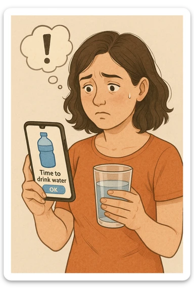 Donna che usa App per ricordarsi di bere, altrimenti non beve mai in italiano sticker