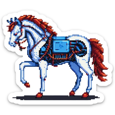 fast electric horse made of electricity, metal plates, bolts, visible blue and red wires, lightning coursing through its body, cybernetic sticker