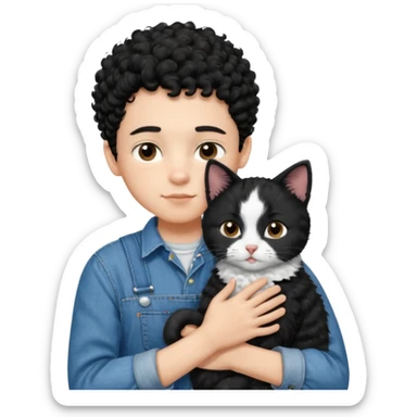 Apple emoji of a 13-year-old boy with short black curly hair, light skin, dark brown eyes, wearing a denim shirt and overalls, hugging a black and white cat. sticker