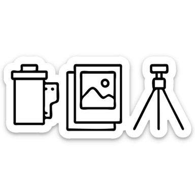 Film canister, photo prints, and tripod for analog photography sticker